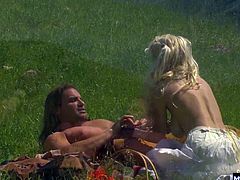 He feels like such a strong and powerful man as he mounts her under the shining sun, and if anyone happens to get a glimpse of their raw action, hes glad they know whose bitch this fair blonde maiden truly is.