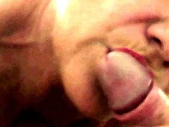 Sucking Gilf puts her red lipstick on my cock