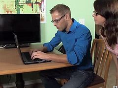 Teen home touching to porn videos when her computer suddenly freezes so she calls this guy for repair. When he finds out shes been watching porn she
wants to feel his cock inside her wet pussy too.