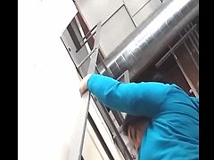 Girl In Tight Leggings Climbs Down Ladder