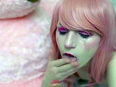 pink hair camgirl blowjob with tears