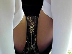 Black Leather Miniskirt White Nylon Stockings
