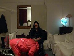 BBW Mistress Lydia Has Slave Lick PVC Boots And Feet Clean