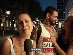 Couple found on the streets in Germany agrees to fuck on camera, but this hot redhead gets to fuck a random guy in front of her boyfriend. He slams her pussy hard and deep until he pulls out and covers her in cum.