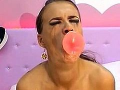 Chick with beautifull eyes deepthroating pink dildo 2 DTD