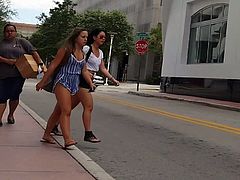 Candid voyeur 2 thick hot teens walking in shorts