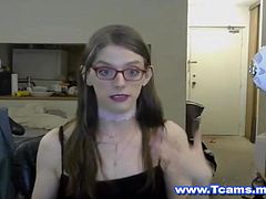 Skinny tranny with a pale colored skin looks so hot in her eye glasses jerking her big hard white dick in front of her webcam. Must watch her and stay with her jerking together until she explodes her huge amount of hot load right in her belly.