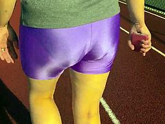 Spandex Angel - Shiny purple spandex shorts (public)