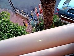 Wife play with my cock on hotel balcony (no cum)
