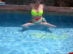 Naughty mature redhead Red XXX was relaxing in the pool when the urge to masturbate came over her. She slide her bikini bottoms off and began fingering her tight little snatch!