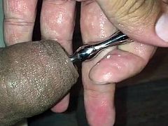 fat guy sounding small cock with cumshot