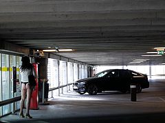 Crossdresser nude in public garage and outside