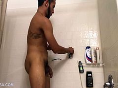 We join Brian Bonerz naked in the shower, giving us a full view of his slim and smooth body as he soaps it down and works up a stiff one. Occasionally he spins around so we can admire his fine looking butt, as that monster continues to grow in his hand. Rinsed off, Brian sits down and begins edging himself toward the much anticipated climax, which finally arrives. Just before we leave hes spotted licking the cum off his hand.