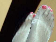 Hot Pink Toes in Shiny Nude Pantyhose