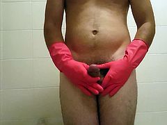 wank with red mairgold rubber gloves