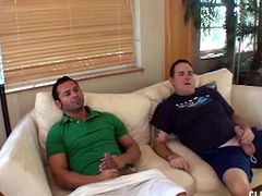 These two guys are having a handjob session together watching some hot porn. Naughty bitch catches them masturbating. She's so happy she gets to see
two cocks spurting together but when she notices both cant seem to cum, she comes in for help. She jerks both cocks at the same time while enjoying
their favorite porno.