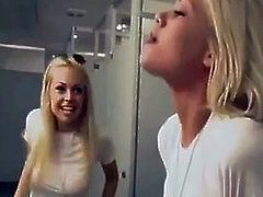 Blowjob in public bathroom, 2 girls