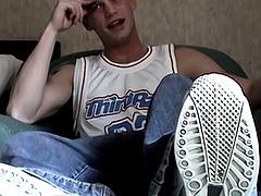 Deviant twink shows his bare feet and tugs dick solo