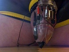 estim e-stim electro in chastity device milking cum load