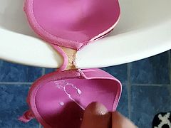 Cum on neighbour's bra in her bathroom