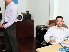 Two employees come into boss�s office to share his big cock