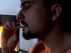 Beefy Mason Lear strokes dick solo while smoking