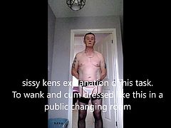 sissy crossdresser ken cums in public changing room and lick