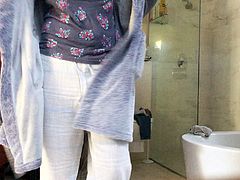 Cute brunette wife on bathroom hidden cam