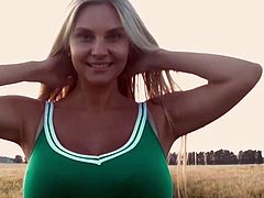 Busty Nastya. Running and bouncing big tits. Amazing boobs.
