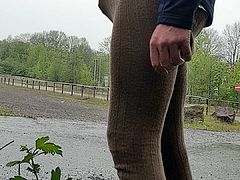 In wool pantyhose at the parking lot