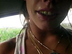 Check out this smoking hot and horny brunette babe giving her friend a nice sloppy blowjob in the car.Watch her pretty face fucked in HD.