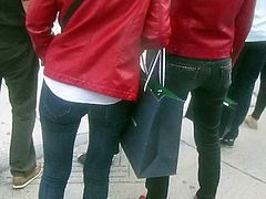 Two Womens in Red leather jacket sexy jean ass