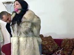 Busty brunette hoe with her new fur coat