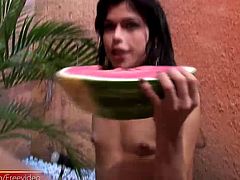 T-girl strokes and pounds her big shecock in a watermelon
