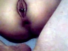 Some horny husband films on as he fucks her wifes cunt, and then tries to shove his prick in her tight and dry butthole.