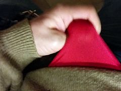 Jerking off in red panties at work