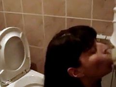 Wife swallow cum in the restaurant toilet.