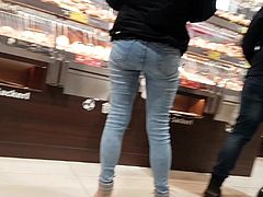 Tight jeans ass shopping bend over