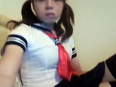 Asian Femboy Crossdresser Plays and Cums