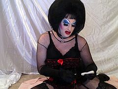 Dolled Up Drag Queen Inserting BBC Dildo and Smoking