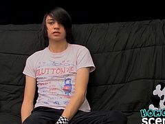 After a quick interview with a young emo twink he starts stroking his cock and playing with a dildo.