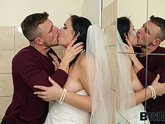 A sexy bride with lusty big boobs and plumpy round booty turns the bachelors excited when they see her off the market. One lucky skank gets a last bite of her cherry, eats her juicy pussy after the babe sucks his erect cock, and then he fucks her from behind in the restroom for the last time.