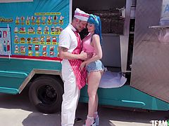 Watch this blue haired cutie go over to an ice cream truck to get a popsicle but when she sees the owner, she gets instantly attracted to him and starts to seduce him, after which she slides his big juicy dick down her throat and sucks him off, before he bends her over and fucks her cunt in doggy
