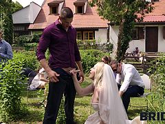 When the groom doesn't show up to his wedding day in a picturesque suburb of Prague, the bride ends up putting her mouth and pussy to good use on another dick. The groom quickly becomes a distant memory as the blonde wife-to-be gets on her knees to suck a cock, before she gets it good in doggystyle.