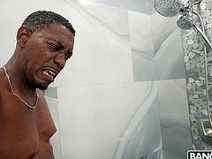 The naughty babe gets into the shower with her friend naked and asks him to fuck her cunt so she can leave him alone. Nasty Ebony bends over, and Hunk sees her wet pussy and cannot control his urge and starts fucking that tight hole hard until he splashes fresh jizz on her face.