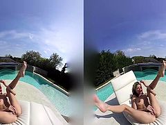 Petite chick playing with her pussy by the pool!