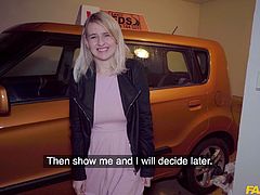 I was working at the driving school as a driving instructor, and although I'm generally very professional, today, I was way too horny when a slim blonde teen came in wanting some lessons from me. I seduced the cutie with my huge cock and made her suck me off before bending her over in the car and pounding her from behind.