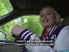 The cock hungry girlfriend shows off her tits to her boyfriend before entering the car. On the way, they had some chitchat which led to sexual arousal, so the horny lad stopped on the road, and cutie pulled his schlong out to give him a mouth fuck.