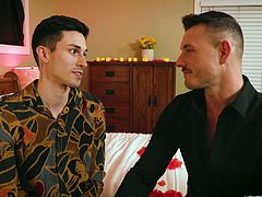 These two gay hunks got newly married and on the night of the wedding they came to their room where they started kissing each other and after pulling each other dicks out, they again kissed. But the scene got erotic when the one hunk gave a sloppy blowjob and sucked the balls of the other hunk.