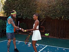 These two horny ebony babes went into their tennis practice today to train for their next match. But as they saw each other in those tight short dresses, the babes started to feel all horny for each other and got to making out instead, after which they then ditched practice and went inside to eat each other out.